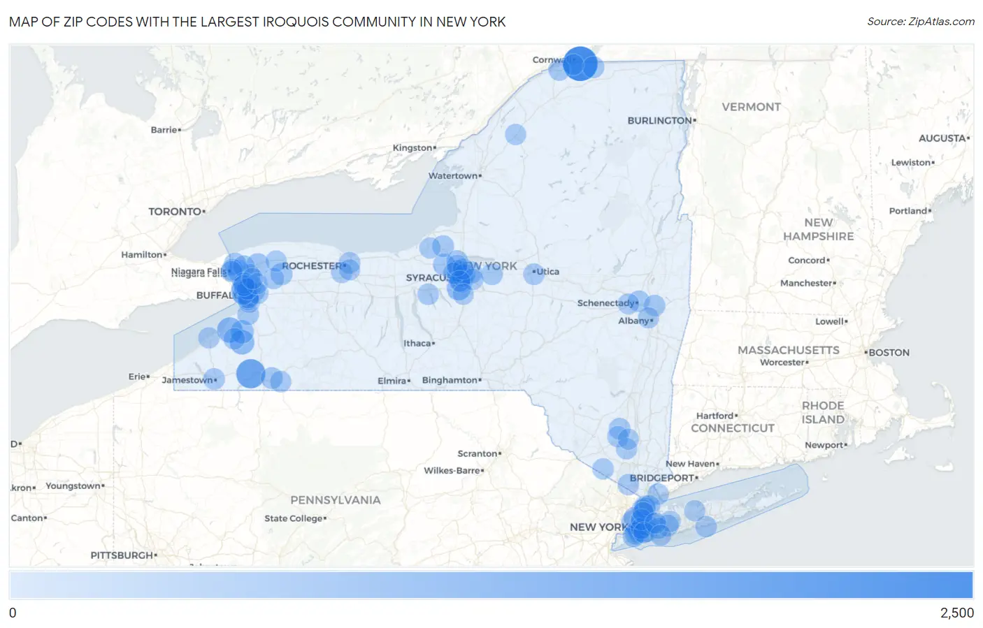 Zip Codes with the Largest Iroquois Community in New York Map