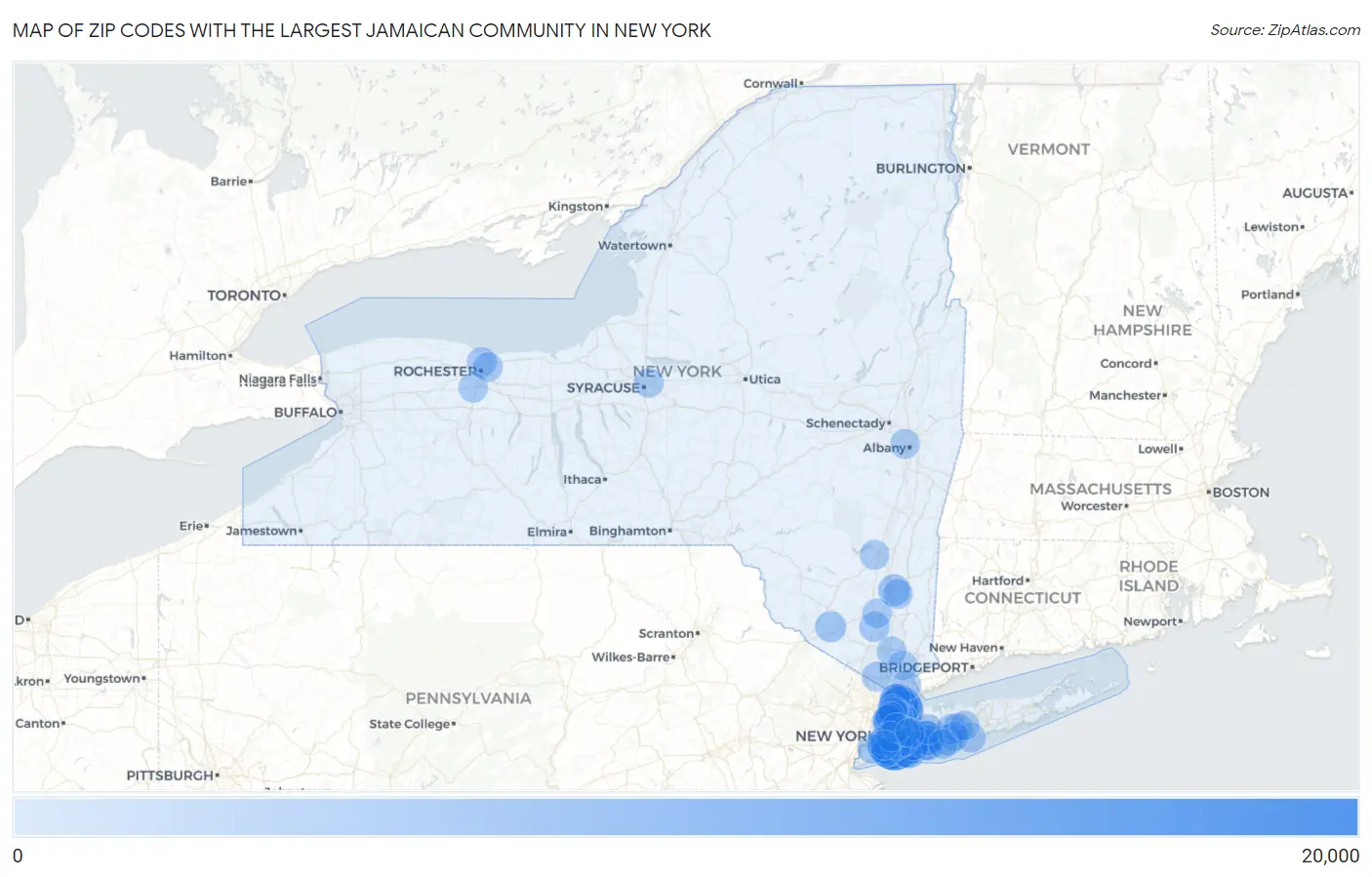 Zip Codes with the Largest Jamaican Community in New York Map