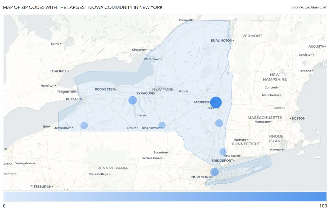 Zip Codes with the Largest Kiowa Community in New York Map