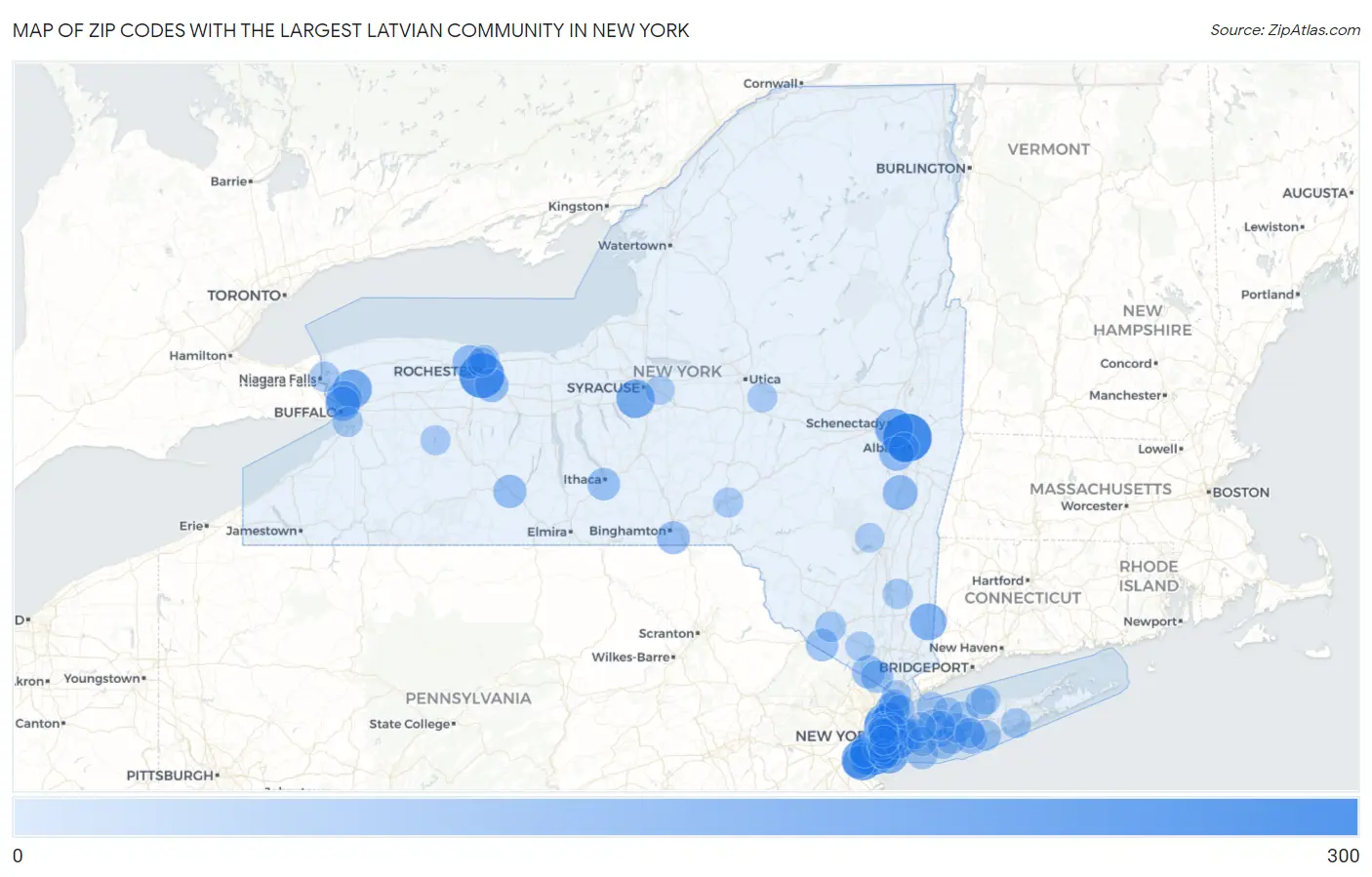 Zip Codes with the Largest Latvian Community in New York Map