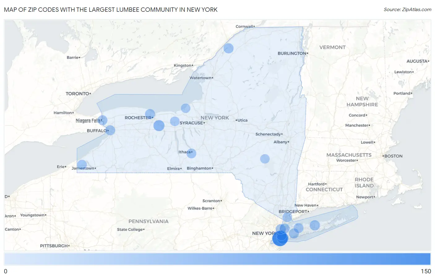 Zip Codes with the Largest Lumbee Community in New York Map