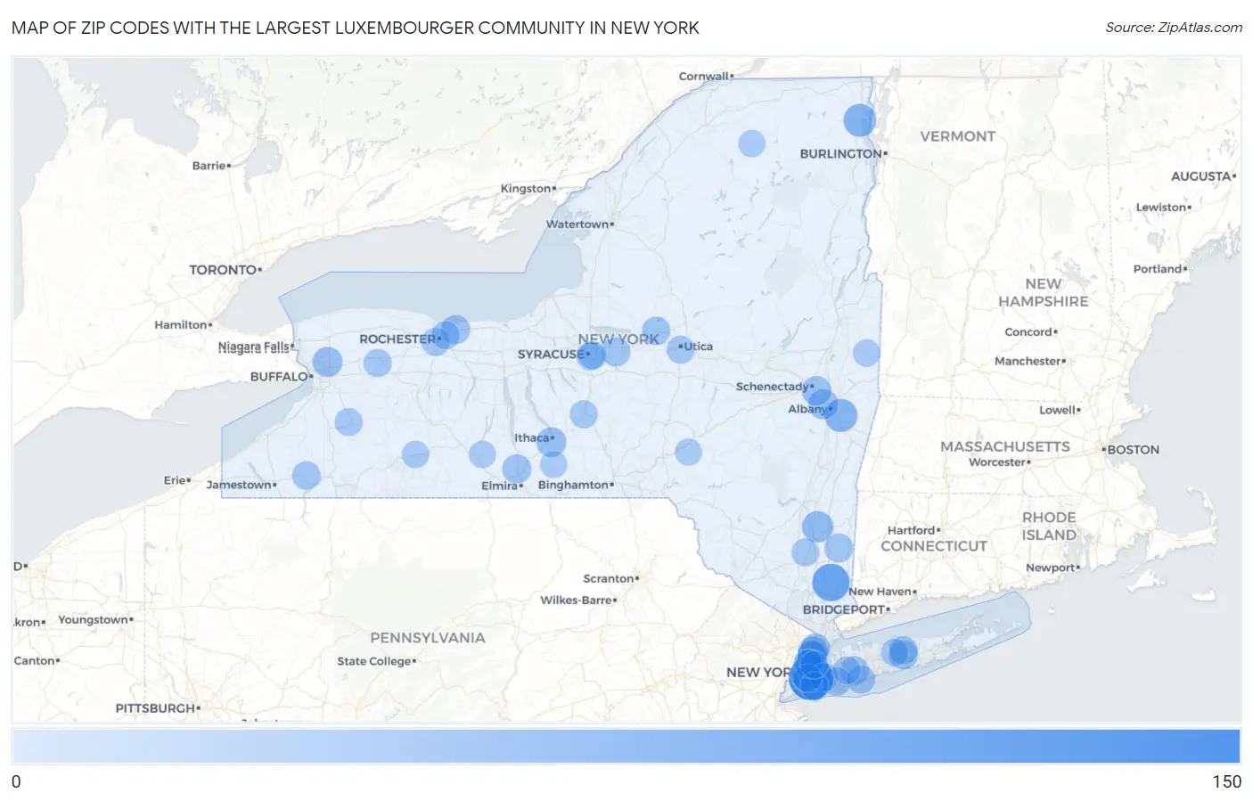 Zip Codes with the Largest Luxembourger Community in New York Map