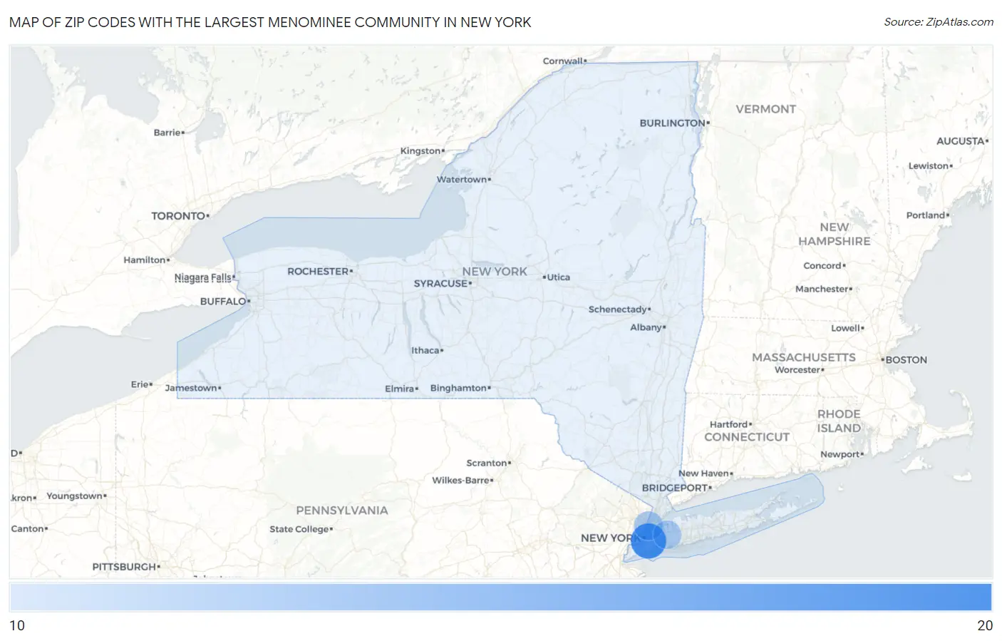 Zip Codes with the Largest Menominee Community in New York Map