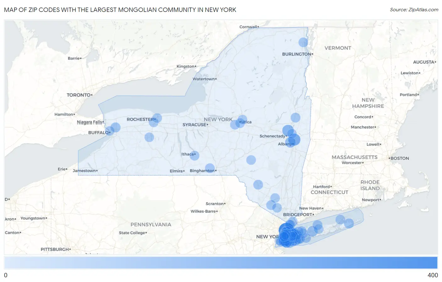 Zip Codes with the Largest Mongolian Community in New York Map
