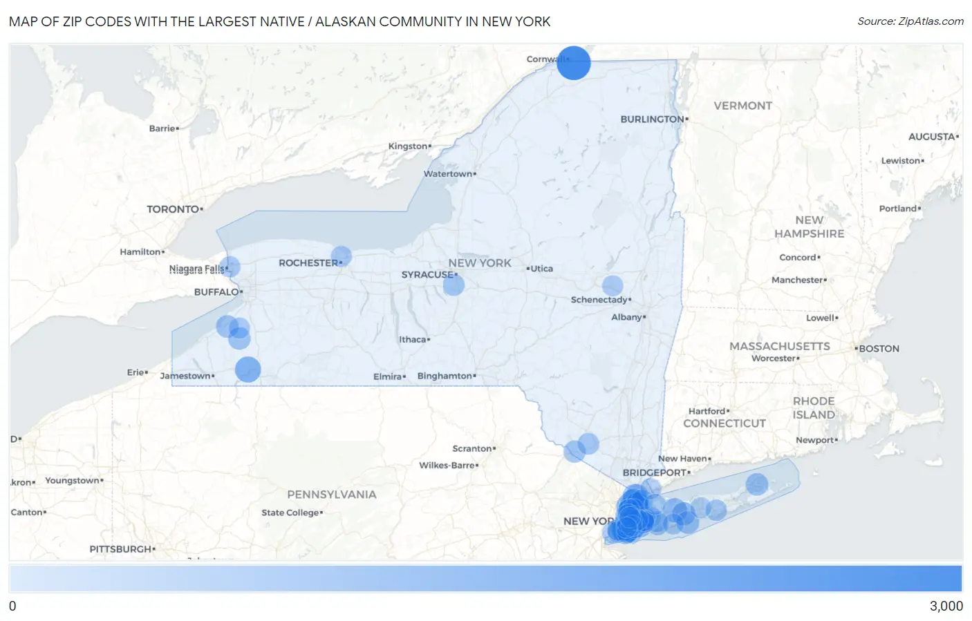Zip Codes with the Largest Native / Alaskan Community in New York Map