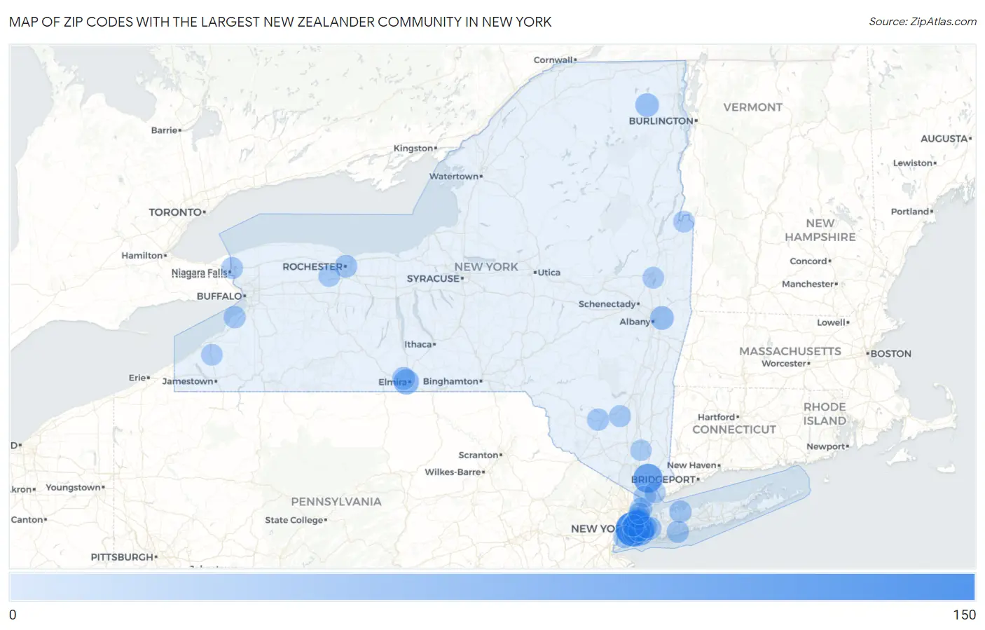 Zip Codes with the Largest New Zealander Community in New York Map
