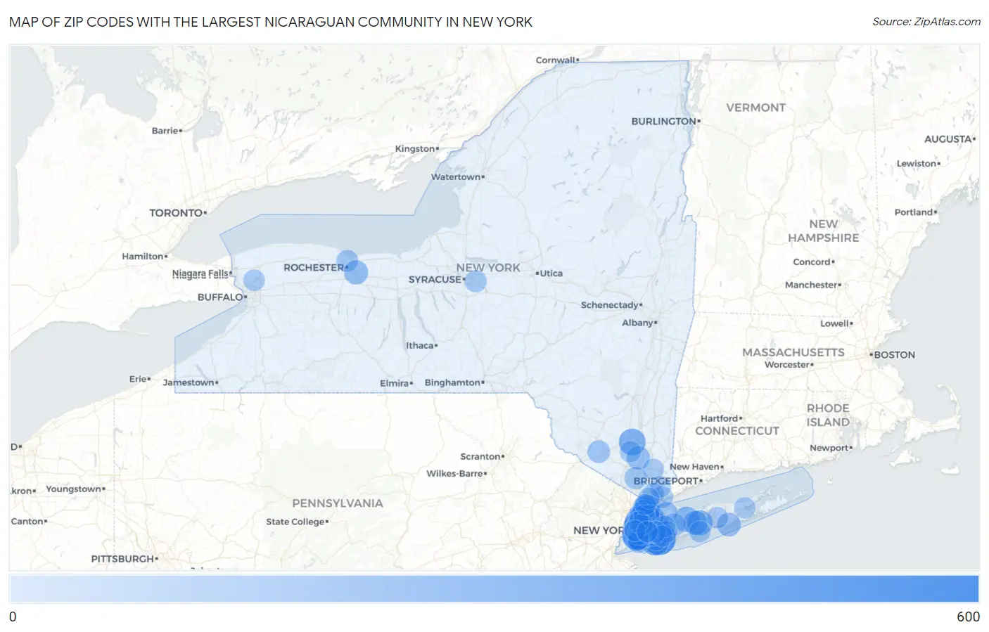 Zip Codes with the Largest Nicaraguan Community in New York Map