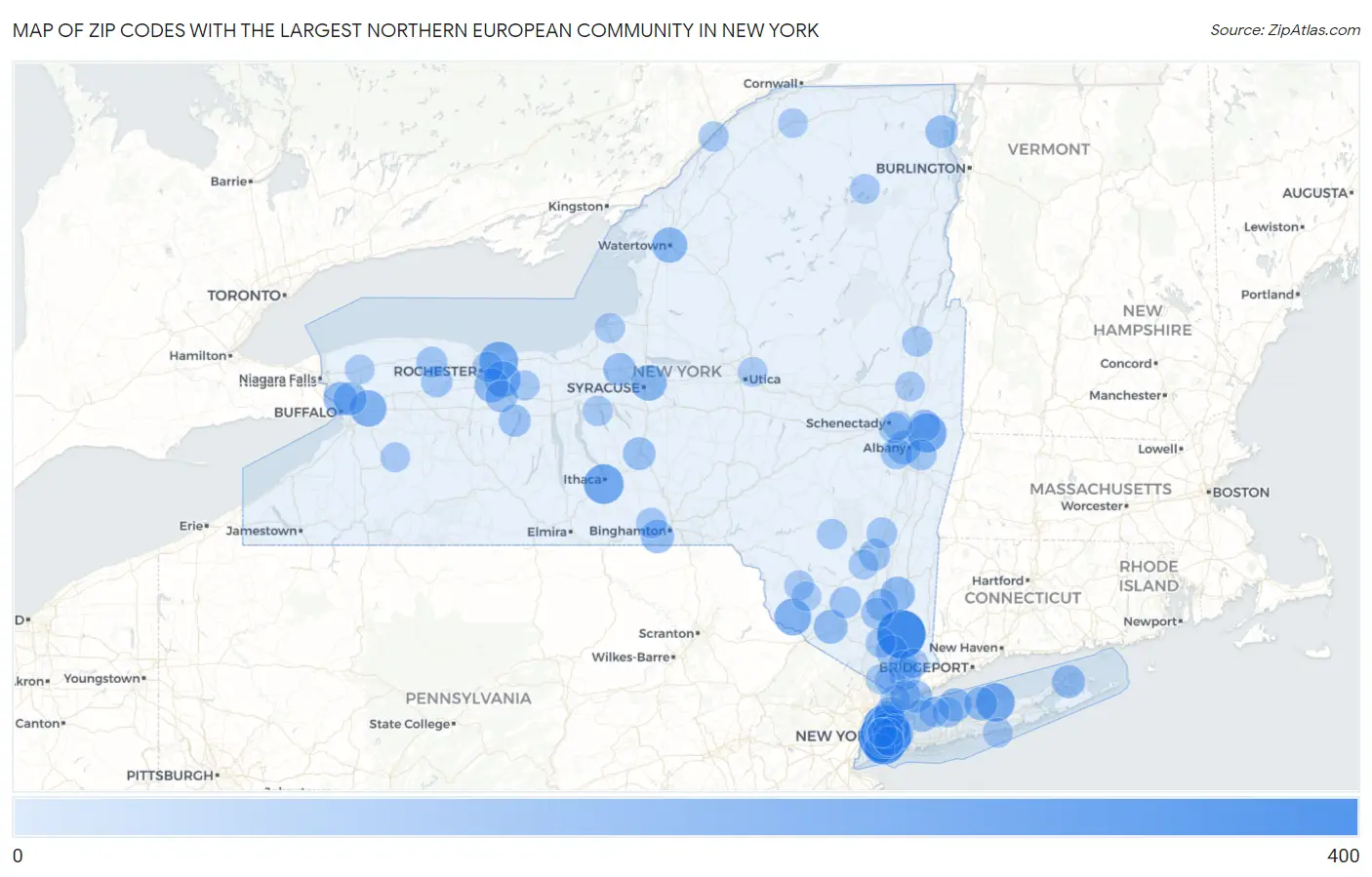 Zip Codes with the Largest Northern European Community in New York Map
