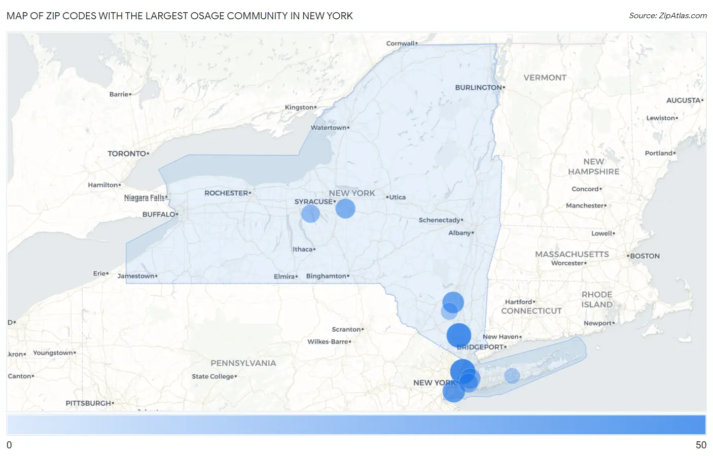 Zip Codes with the Largest Osage Community in New York Map