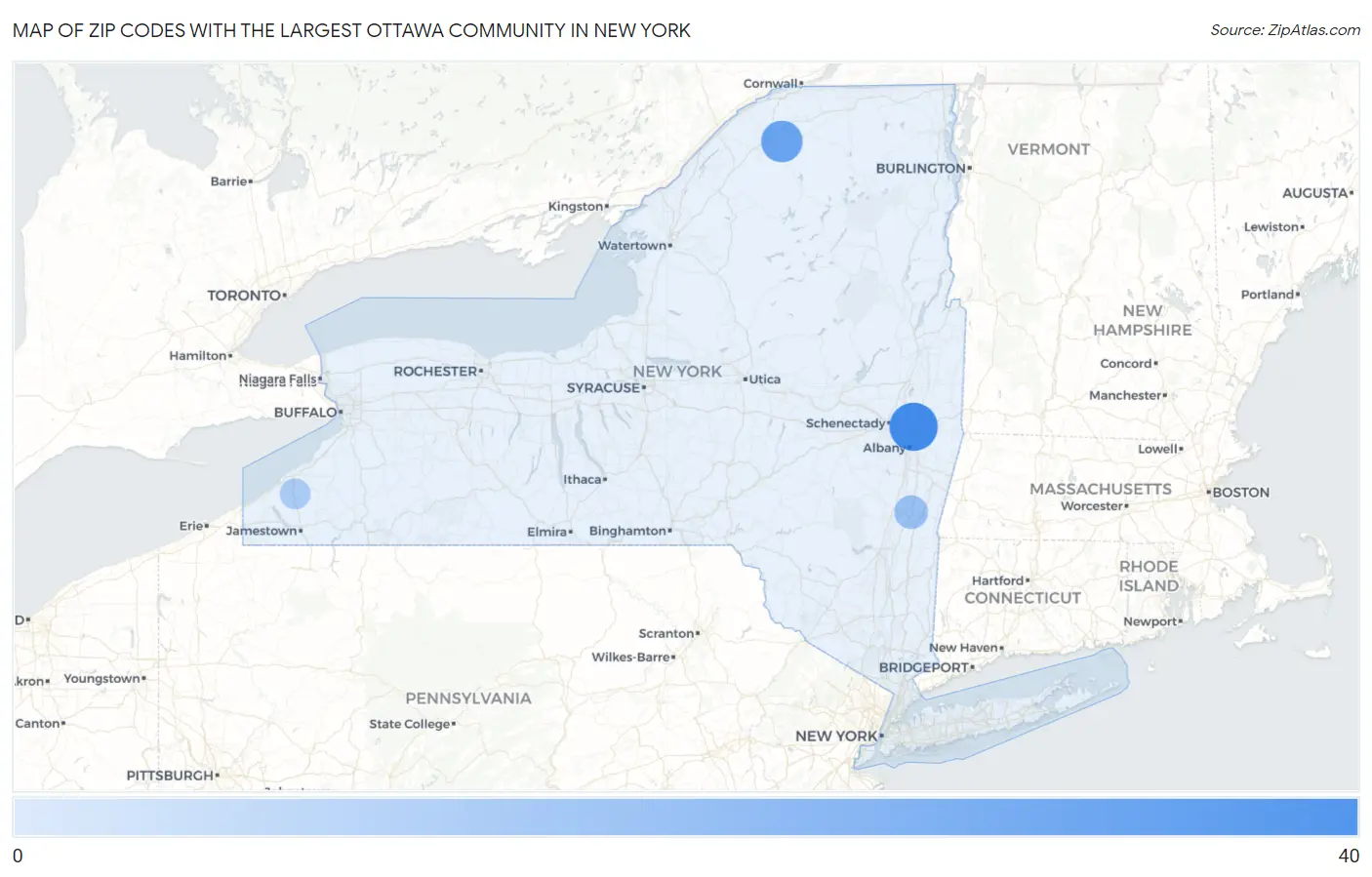 Zip Codes with the Largest Ottawa Community in New York Map