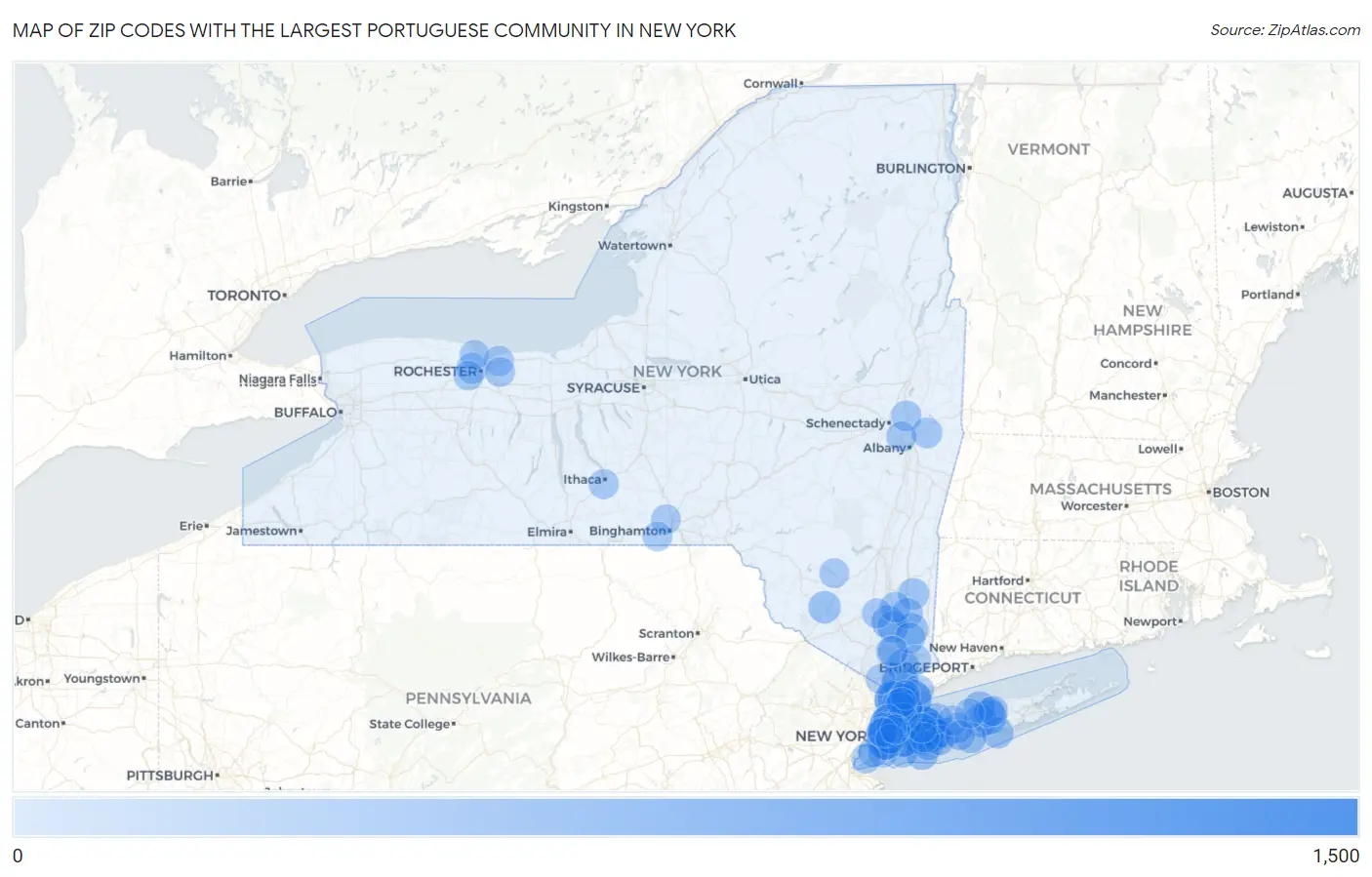 Zip Codes with the Largest Portuguese Community in New York Map