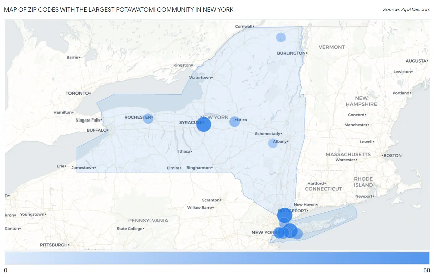 Zip Codes with the Largest Potawatomi Community in New York Map