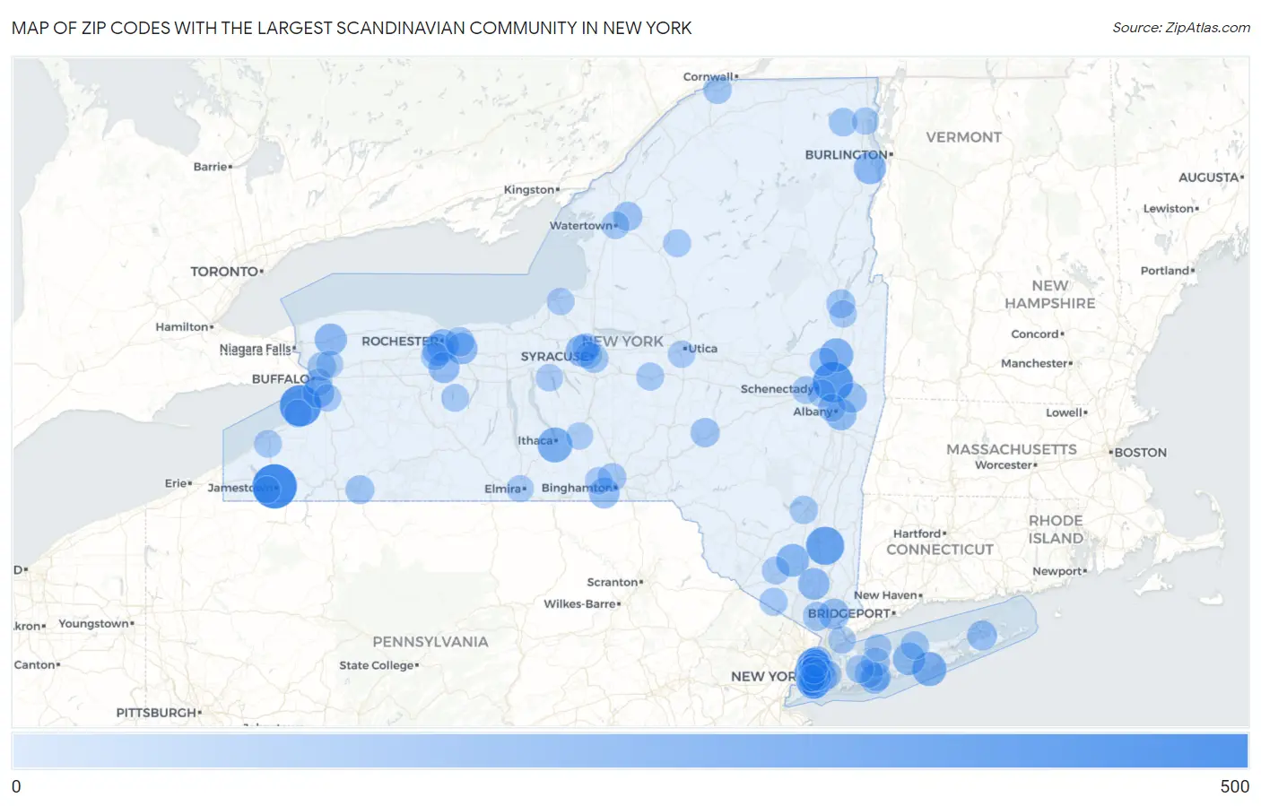 Zip Codes with the Largest Scandinavian Community in New York Map
