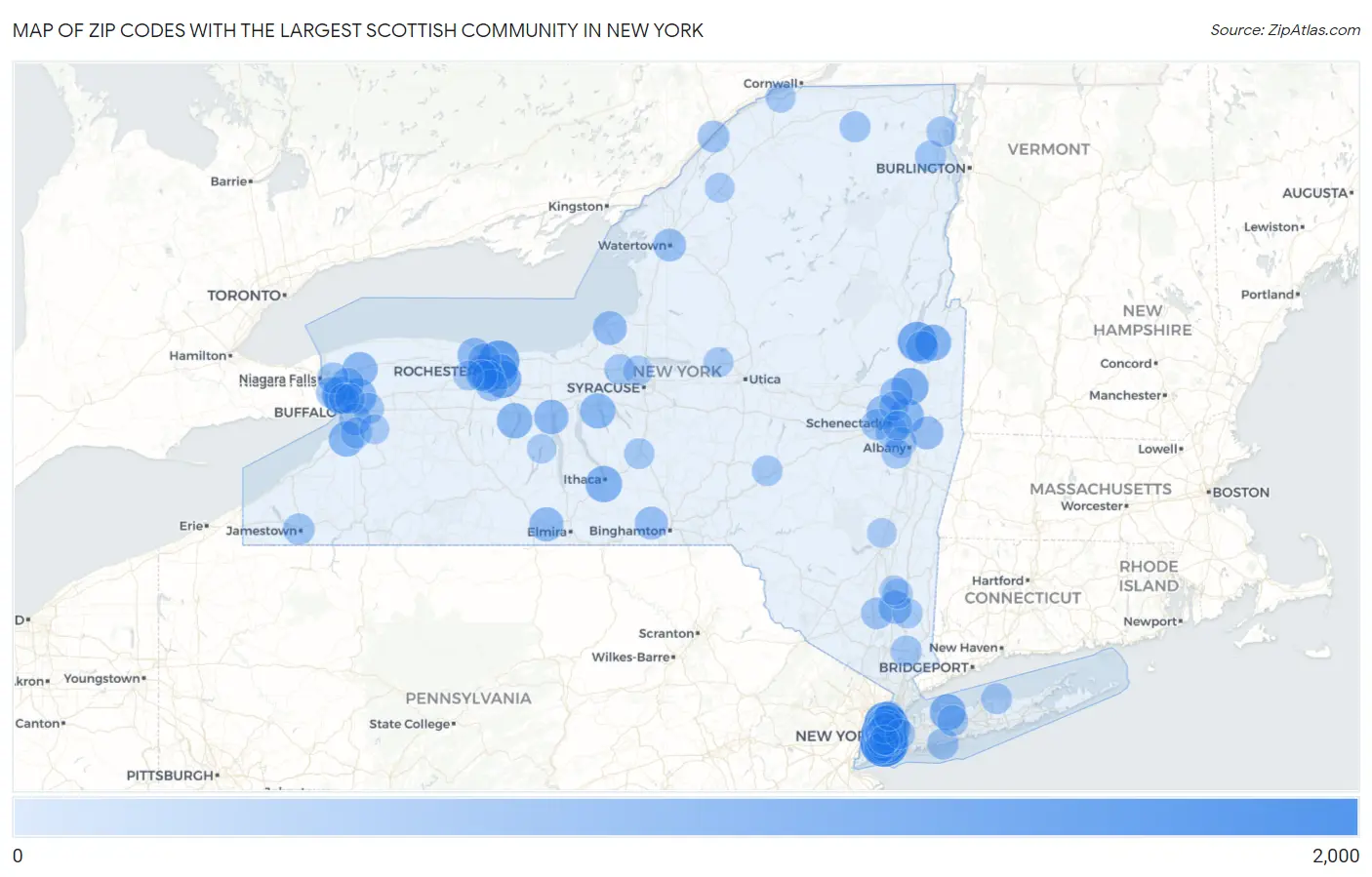 Zip Codes with the Largest Scottish Community in New York Map
