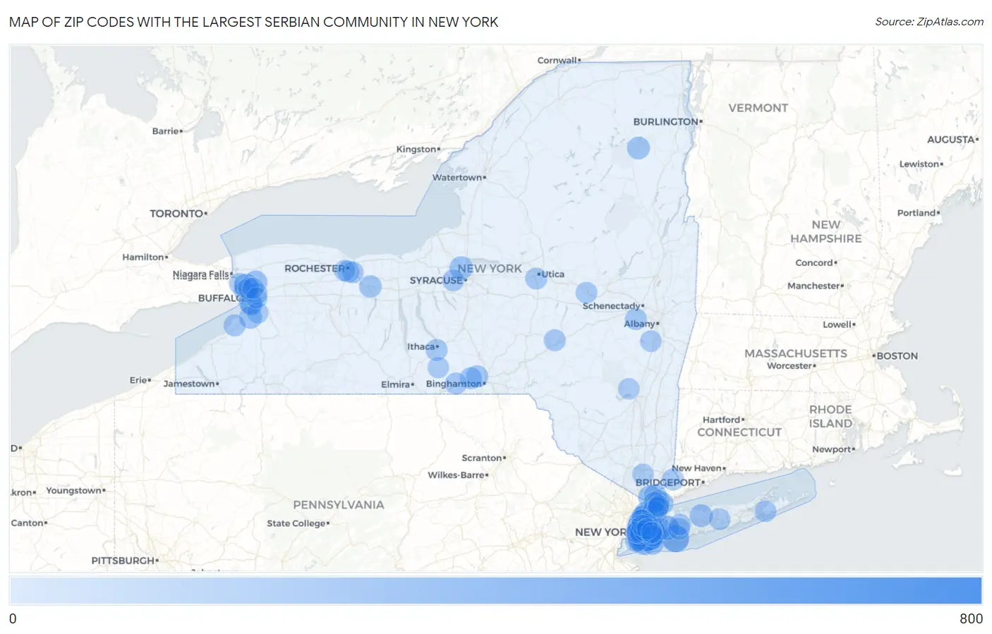 Zip Codes with the Largest Serbian Community in New York Map