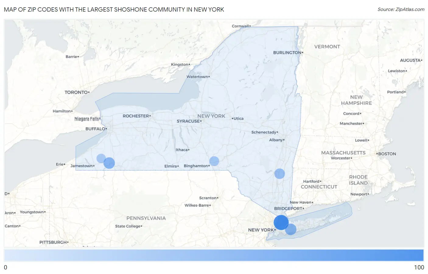 Zip Codes with the Largest Shoshone Community in New York Map