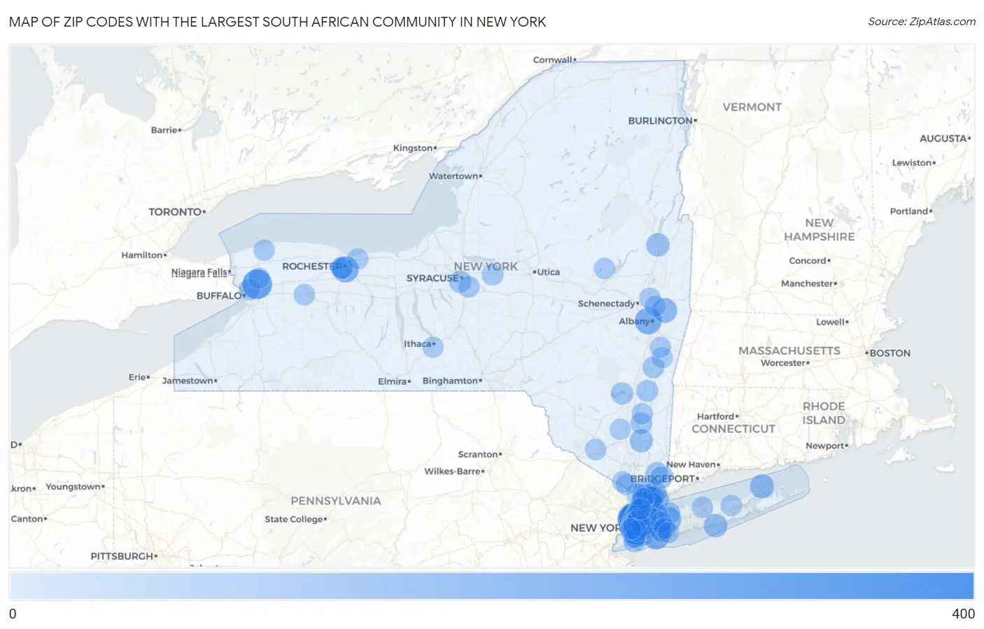 Zip Codes with the Largest South African Community in New York Map