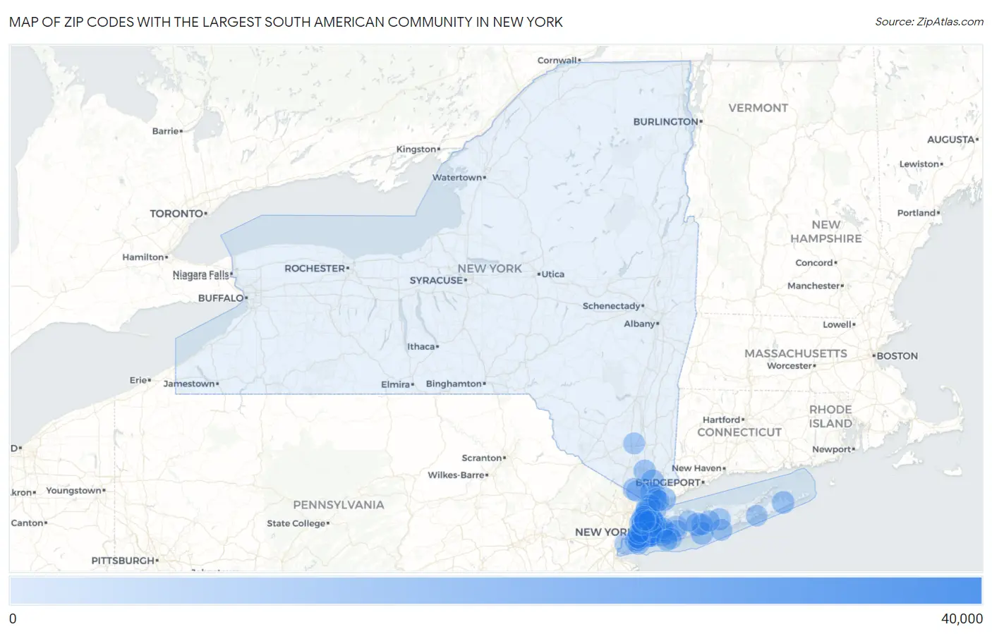 Zip Codes with the Largest South American Community in New York Map