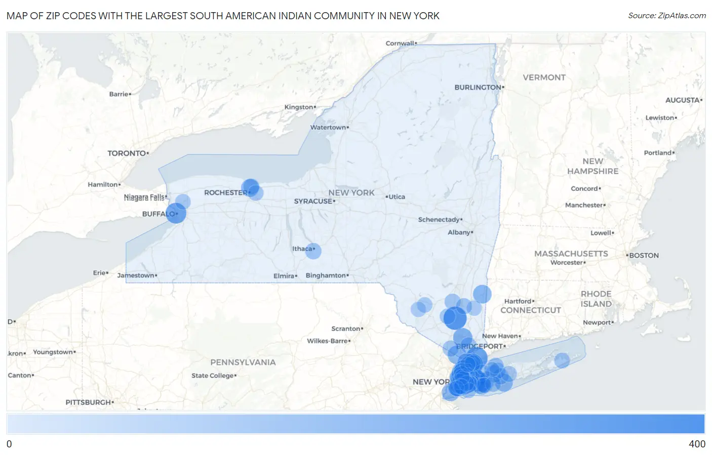 Zip Codes with the Largest South American Indian Community in New York Map