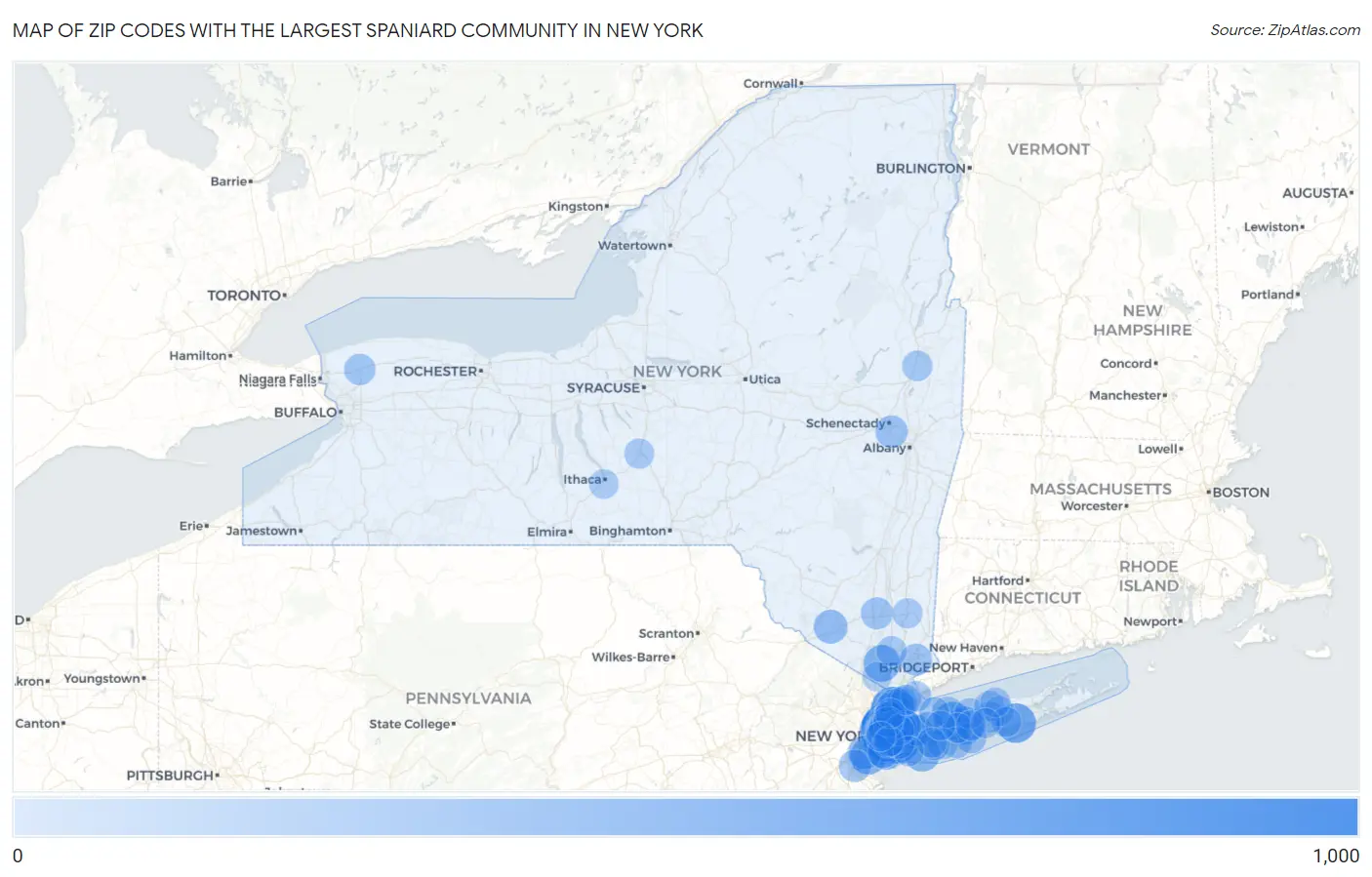 Zip Codes with the Largest Spaniard Community in New York Map