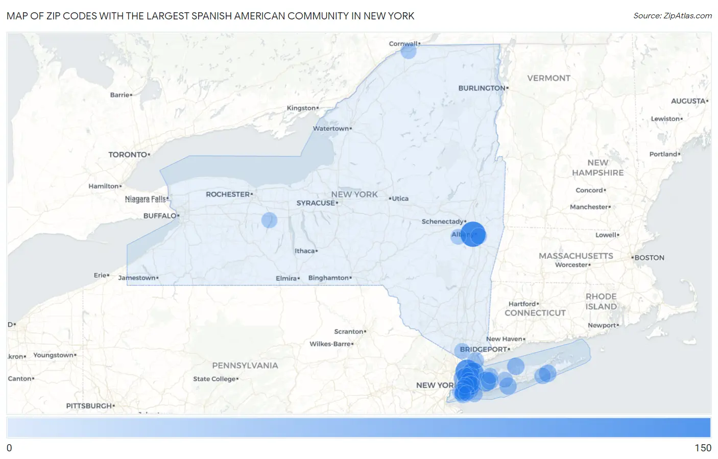 Zip Codes with the Largest Spanish American Community in New York Map