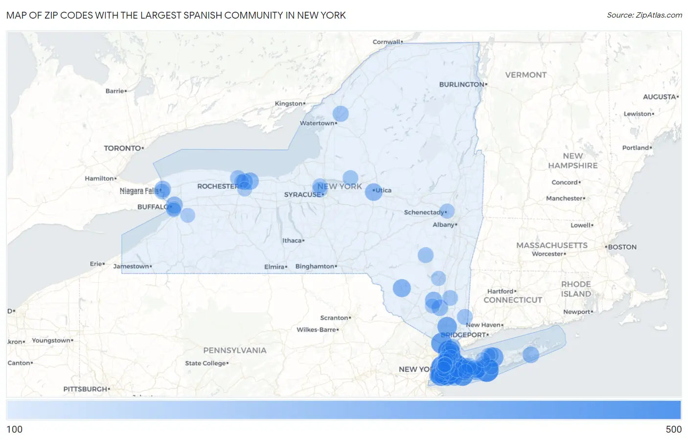 Zip Codes with the Largest Spanish Community in New York Map