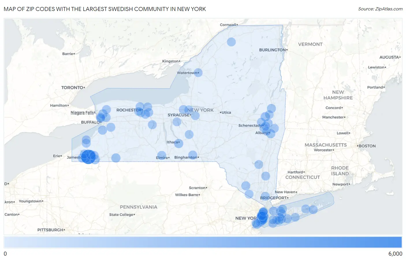 Zip Codes with the Largest Swedish Community in New York Map