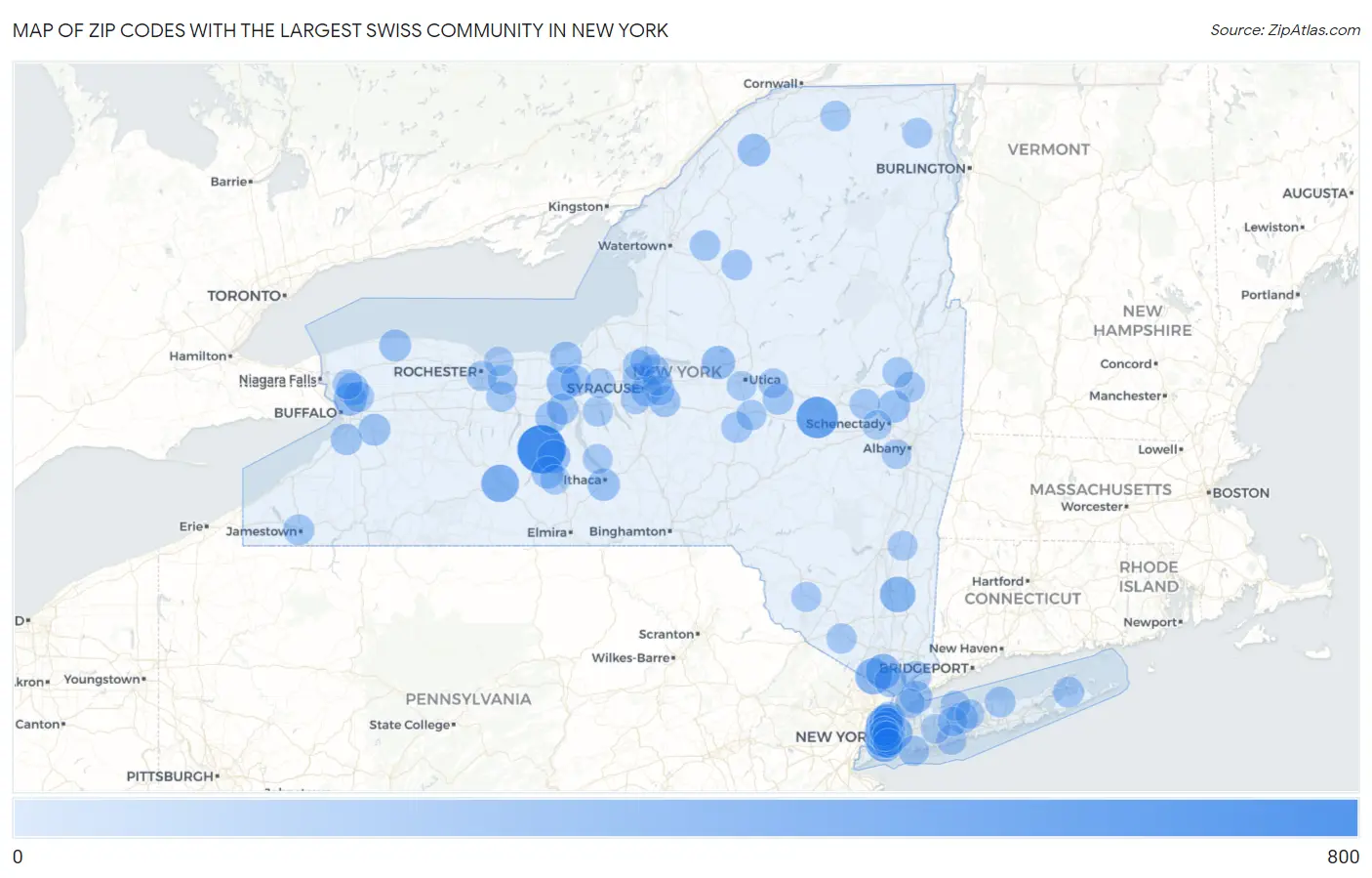 Zip Codes with the Largest Swiss Community in New York Map