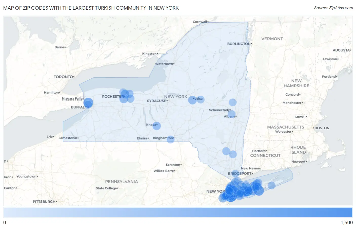 Zip Codes with the Largest Turkish Community in New York Map
