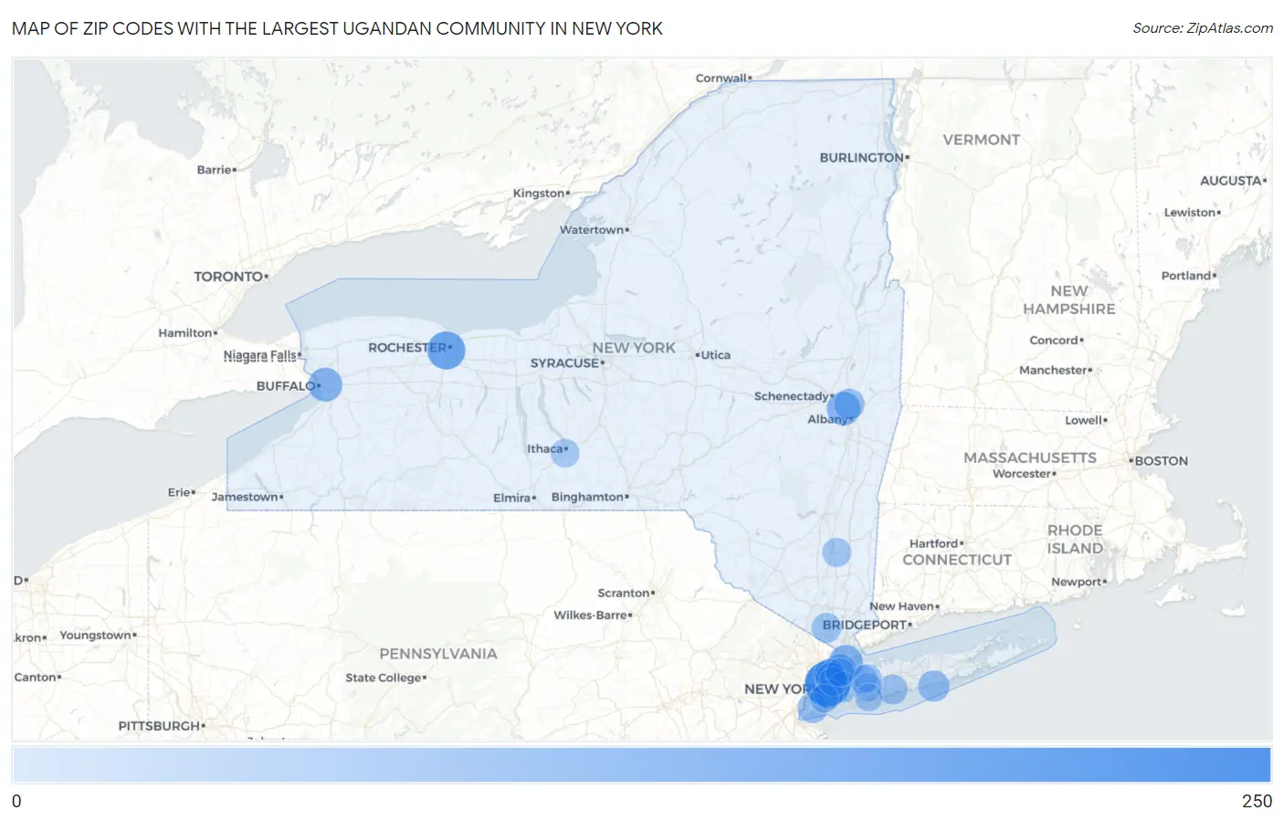 Zip Codes with the Largest Ugandan Community in New York Map