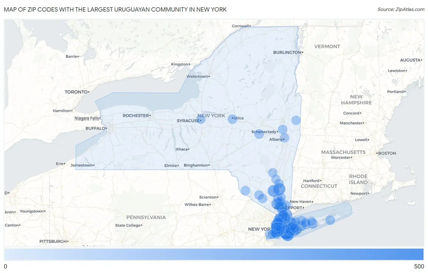 Zip Codes with the Largest Uruguayan Community in New York Map