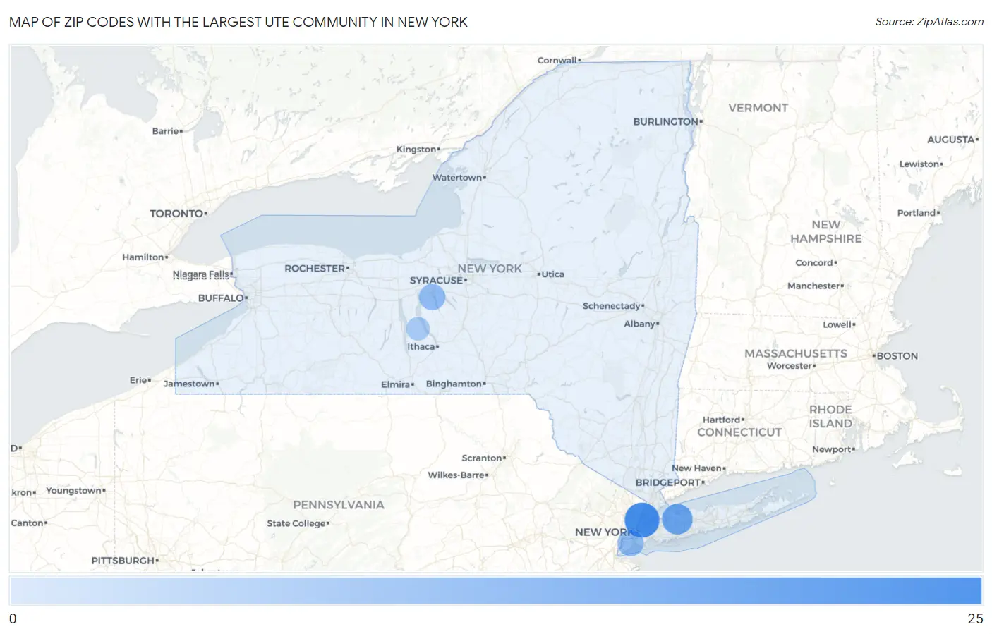 Zip Codes with the Largest Ute Community in New York Map