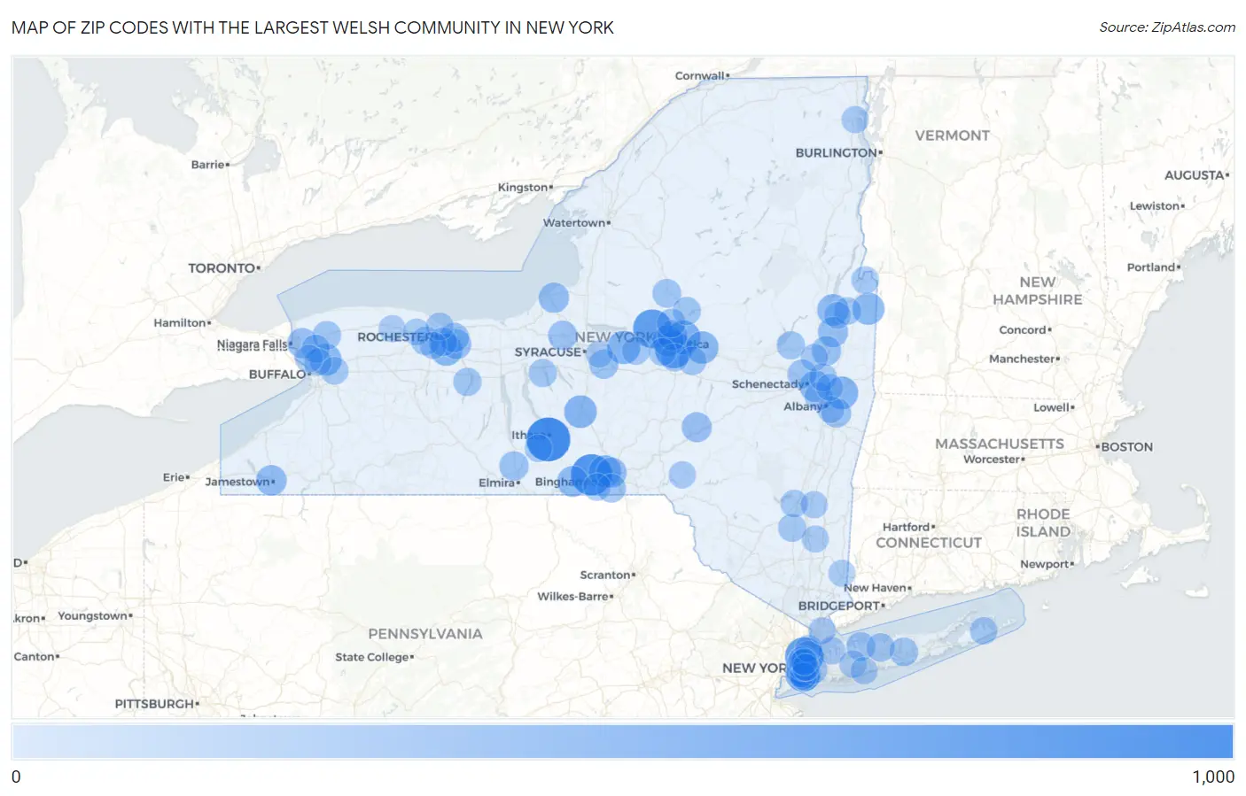 Zip Codes with the Largest Welsh Community in New York Map