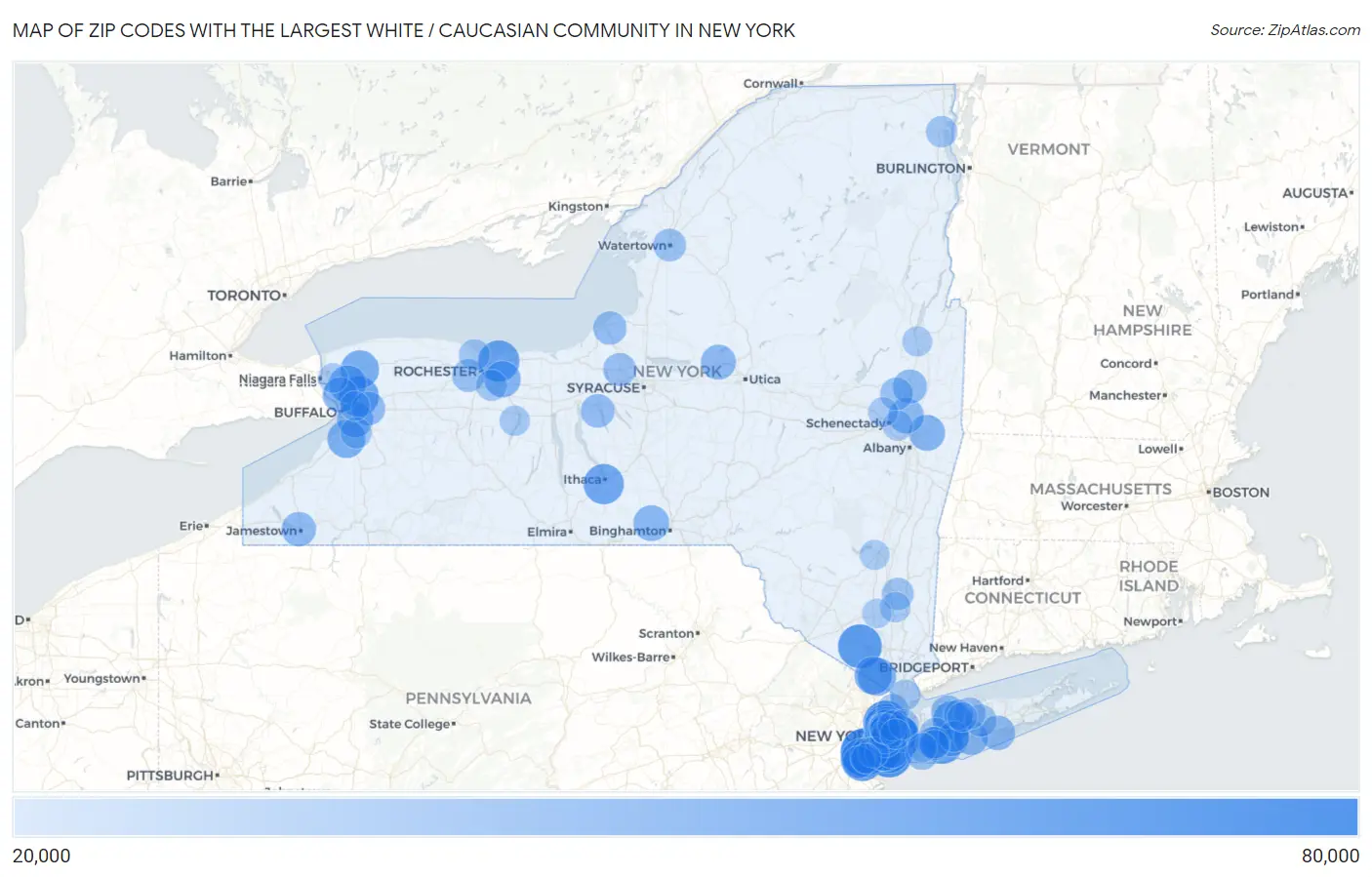 Zip Codes with the Largest White / Caucasian Community in New York Map
