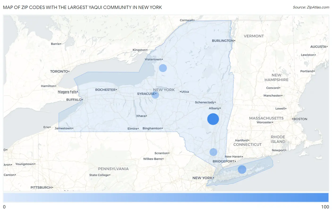 Zip Codes with the Largest Yaqui Community in New York Map