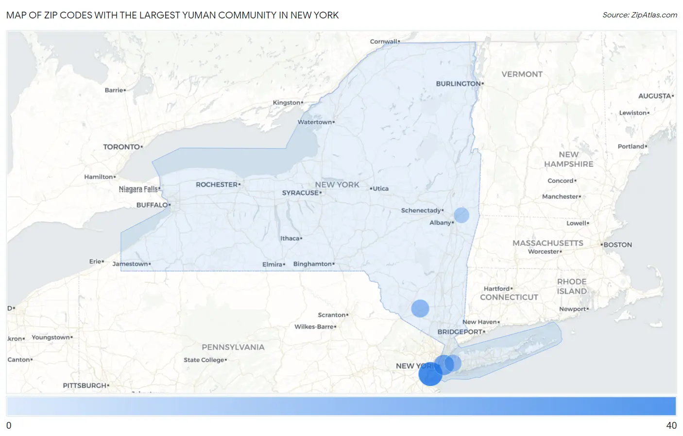Zip Codes with the Largest Yuman Community in New York Map