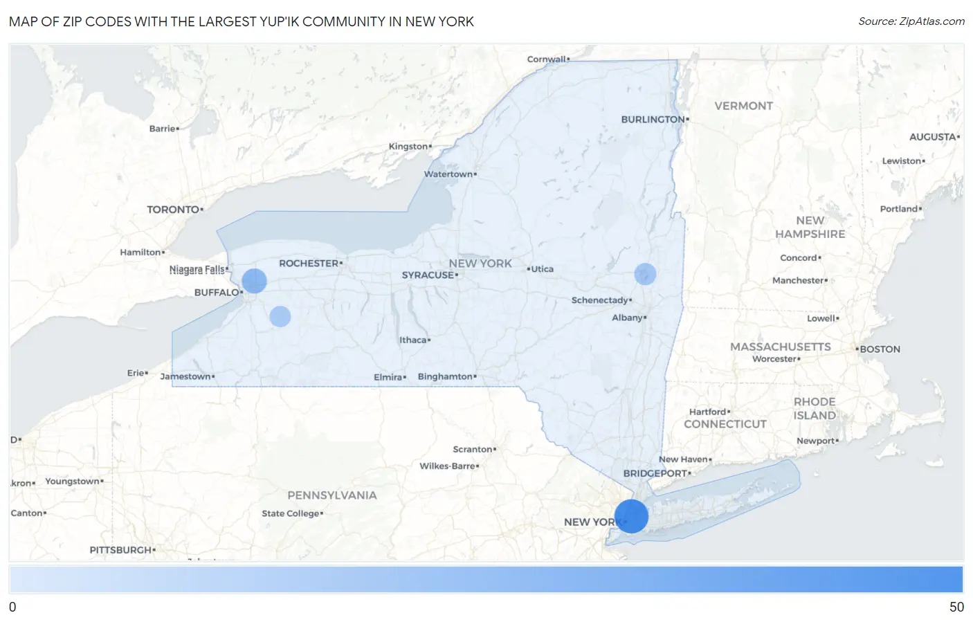 Zip Codes with the Largest Yup'ik Community in New York Map