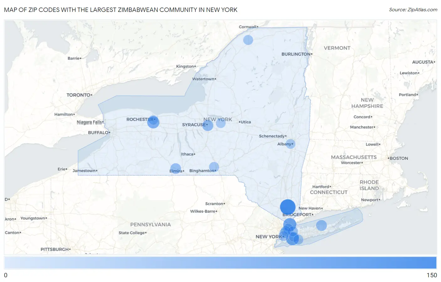 Zip Codes with the Largest Zimbabwean Community in New York Map