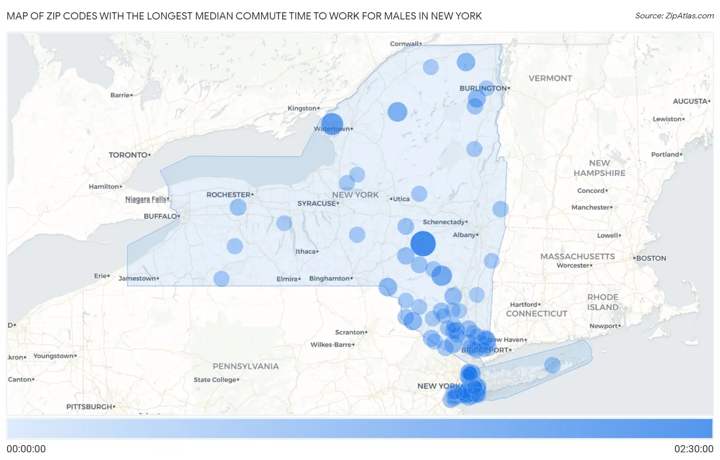 Zip Codes with the Longest Median Commute Time to Work for Males in New York Map