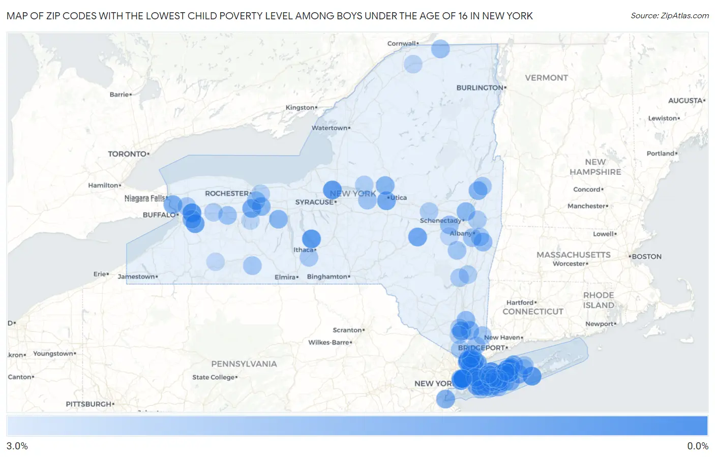 Zip Codes with the Lowest Child Poverty Level Among Boys Under the Age of 16 in New York Map