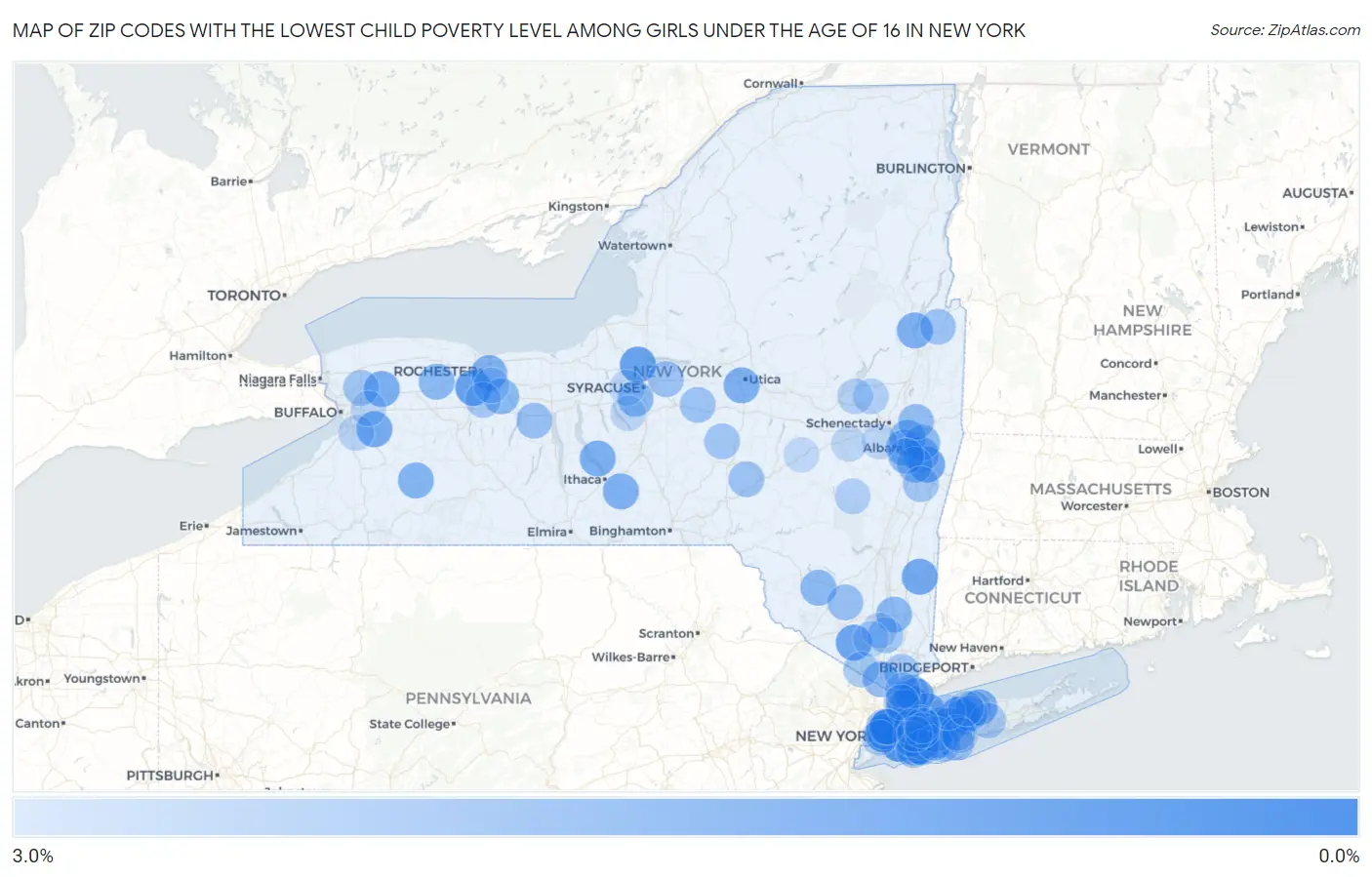 Zip Codes with the Lowest Child Poverty Level Among Girls Under the Age of 16 in New York Map