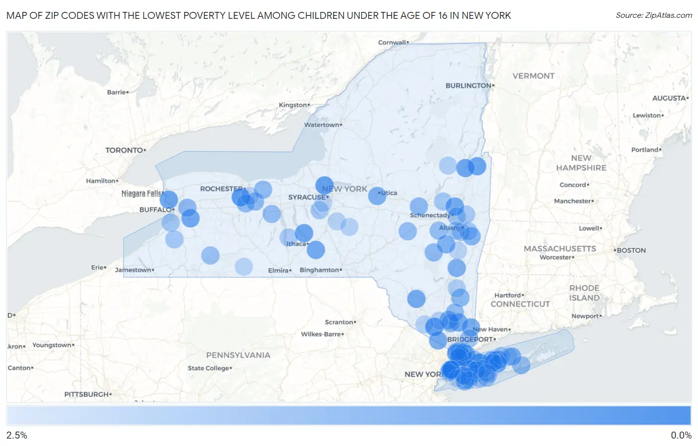 Zip Codes with the Lowest Poverty Level Among Children Under the Age of 16 in New York Map