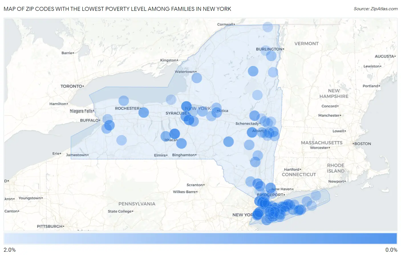 Zip Codes with the Lowest Poverty Level Among Families in New York Map