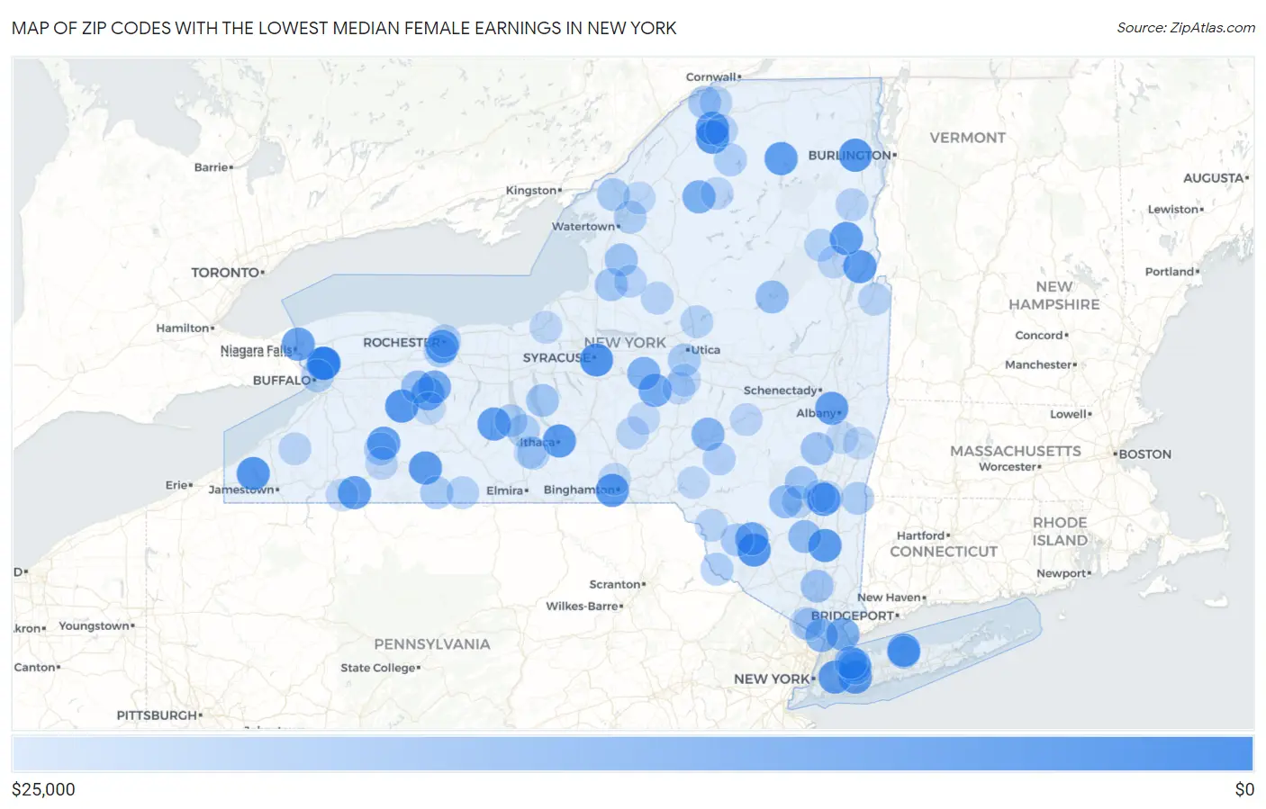 Zip Codes with the Lowest Median Female Earnings in New York Map