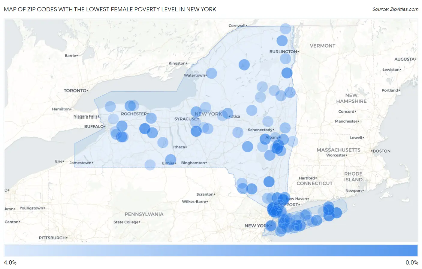 Zip Codes with the Lowest Female Poverty Level in New York Map