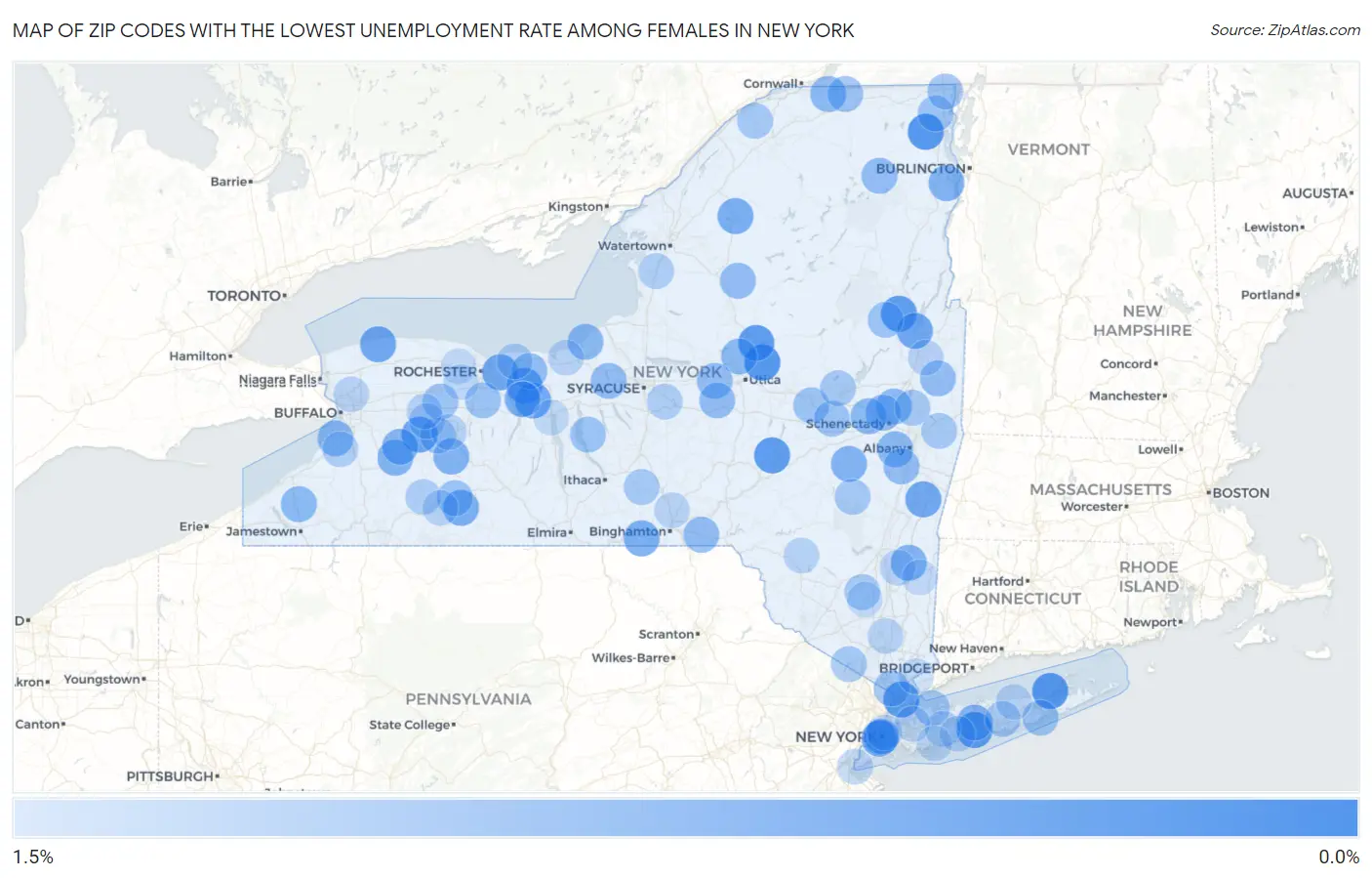 Zip Codes with the Lowest Unemployment Rate Among Females in New York Map