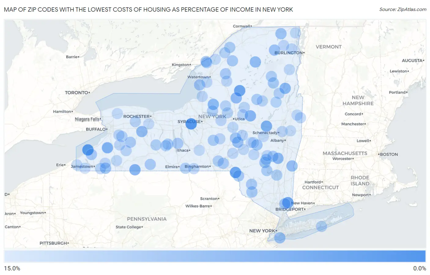 Zip Codes with the Lowest Costs of Housing as Percentage of Income in New York Map