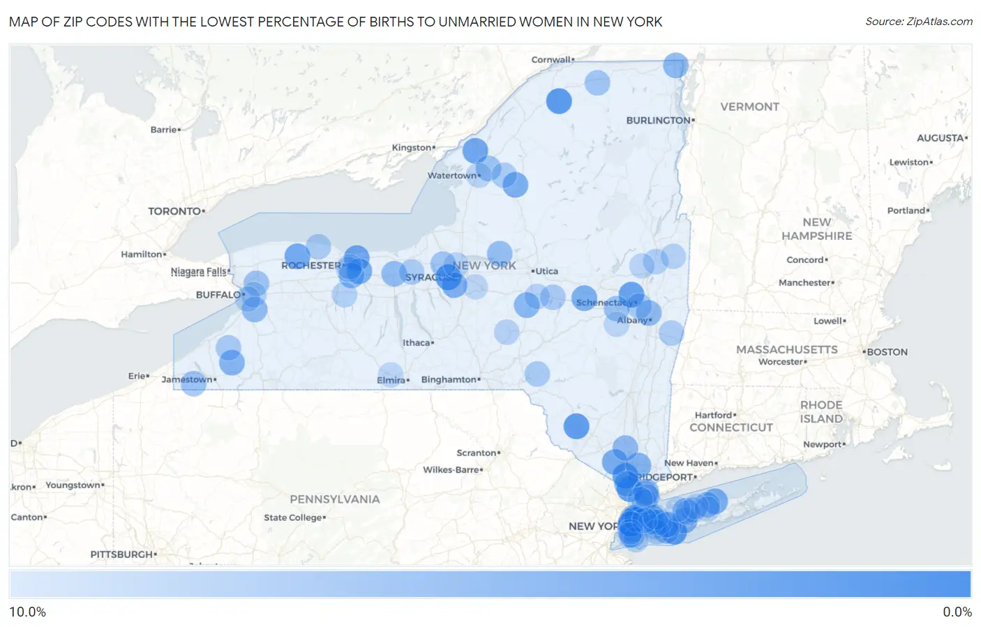 Zip Codes with the Lowest Percentage of Births to Unmarried Women in New York Map