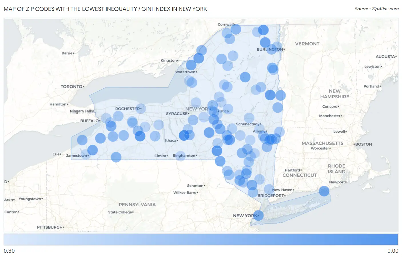 Zip Codes with the Lowest Inequality / Gini Index in New York Map