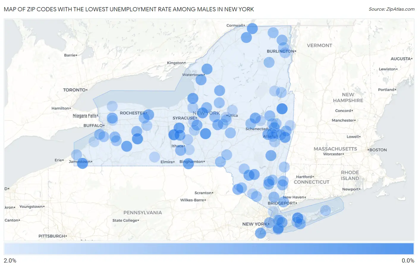 Zip Codes with the Lowest Unemployment Rate Among Males in New York Map